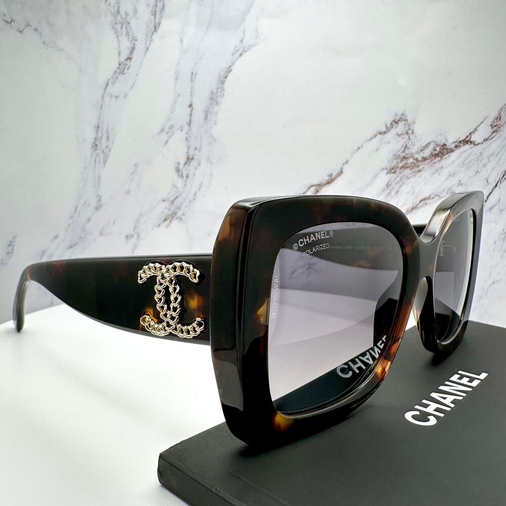New CHANEL Sunglasses Brown Acetate Tortoise Square Gold Metal Chain CC - Picture 7 of 16